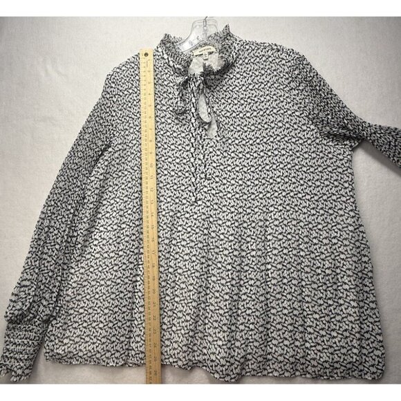 Max Studio Black White Floral Geoprint Elastic Cuff Tie Front Blouse Tunic L Top - Picture 8 of 9